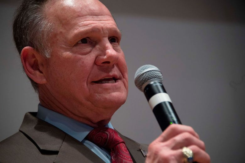 Roy Moore speaks at his campaign party in Montgomery, Alabama on Tuesday.